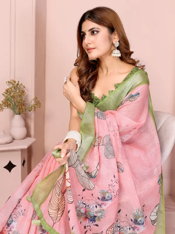 Pink Floral Linen Cotton Saree with Green Border for Ladies
