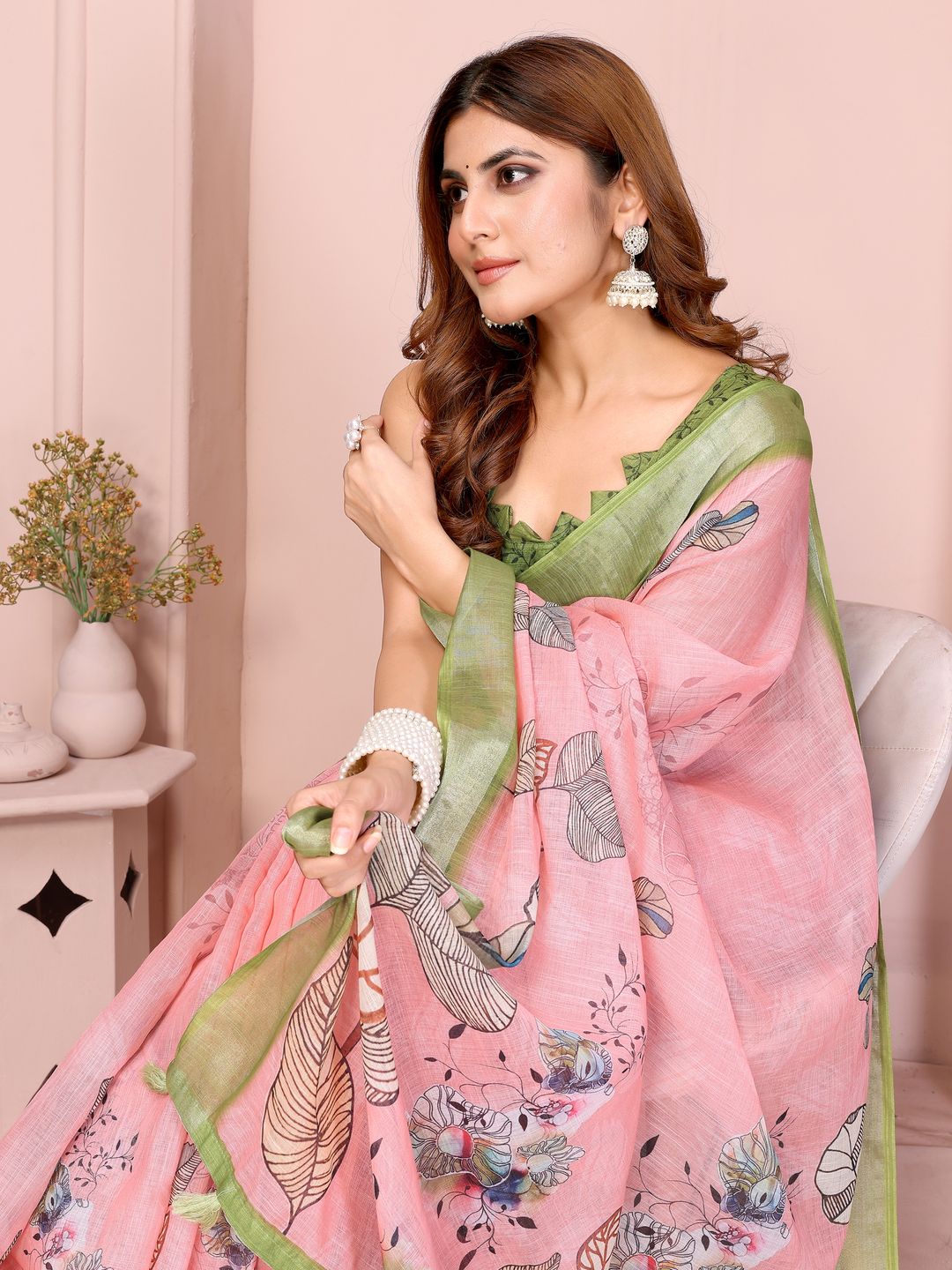 Pink Floral Linen Cotton Saree with Green Border for Ladies