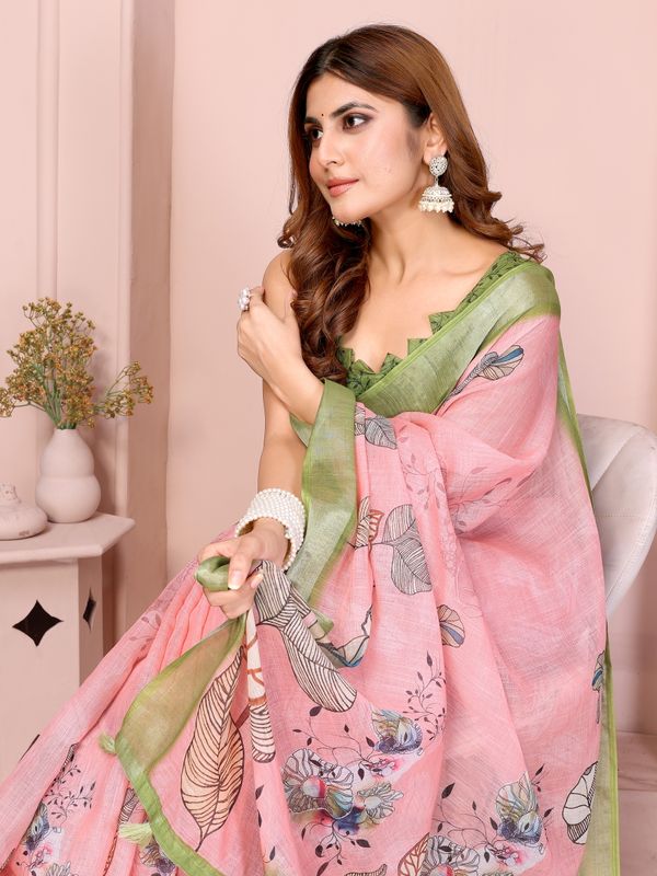 Pink Floral Linen Cotton Saree with Green Border for Ladies