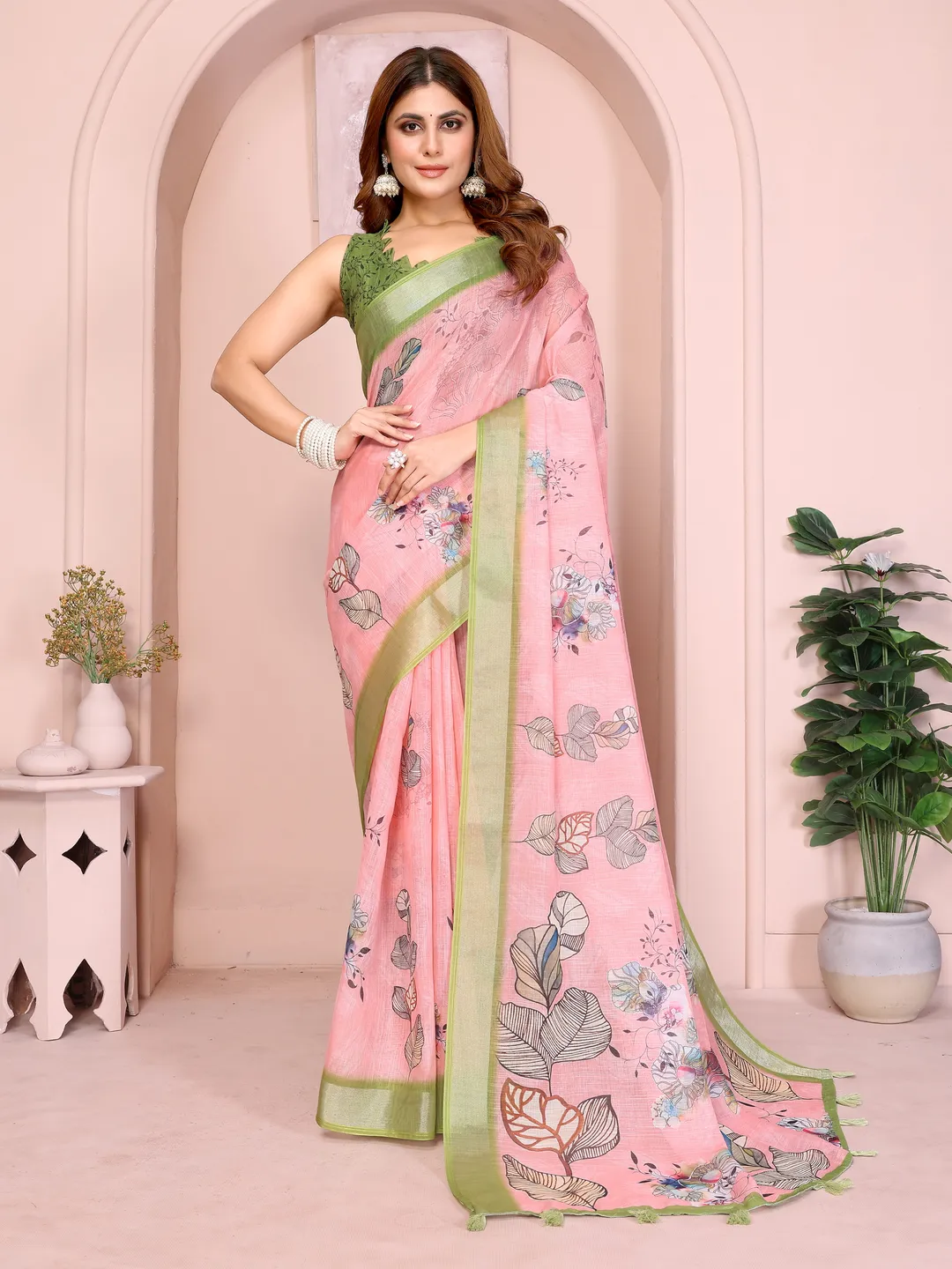 Pink Floral Linen Cotton Saree with Green Border for Ladies