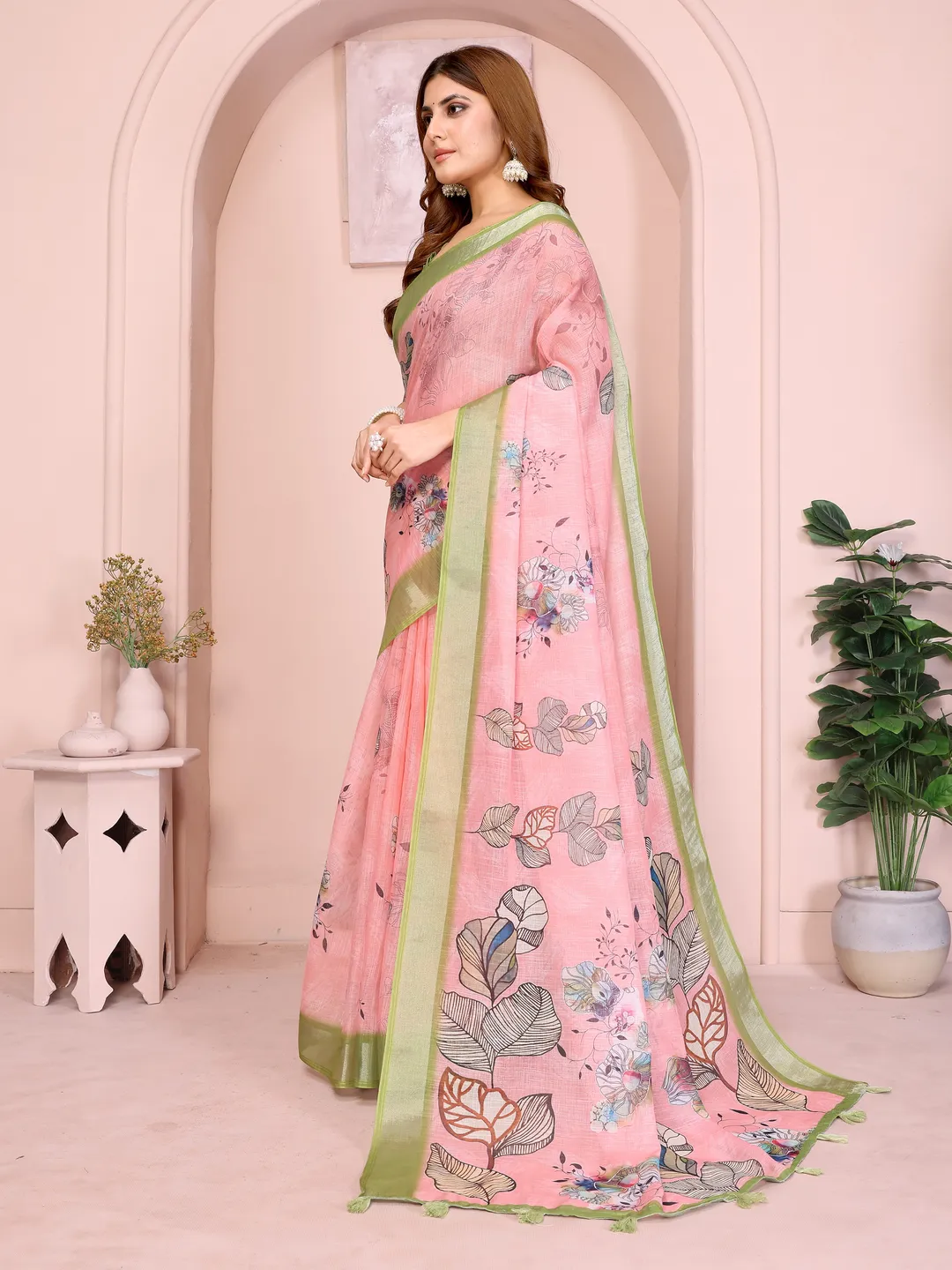 Pink Floral Linen Cotton Saree with Green Border for Ladies