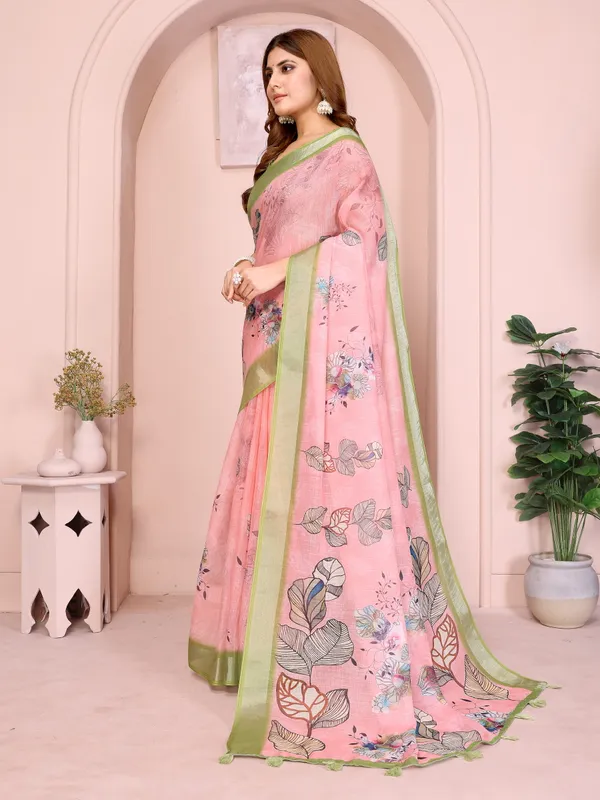 Pink Floral Linen Cotton Saree with Green Border for Ladies