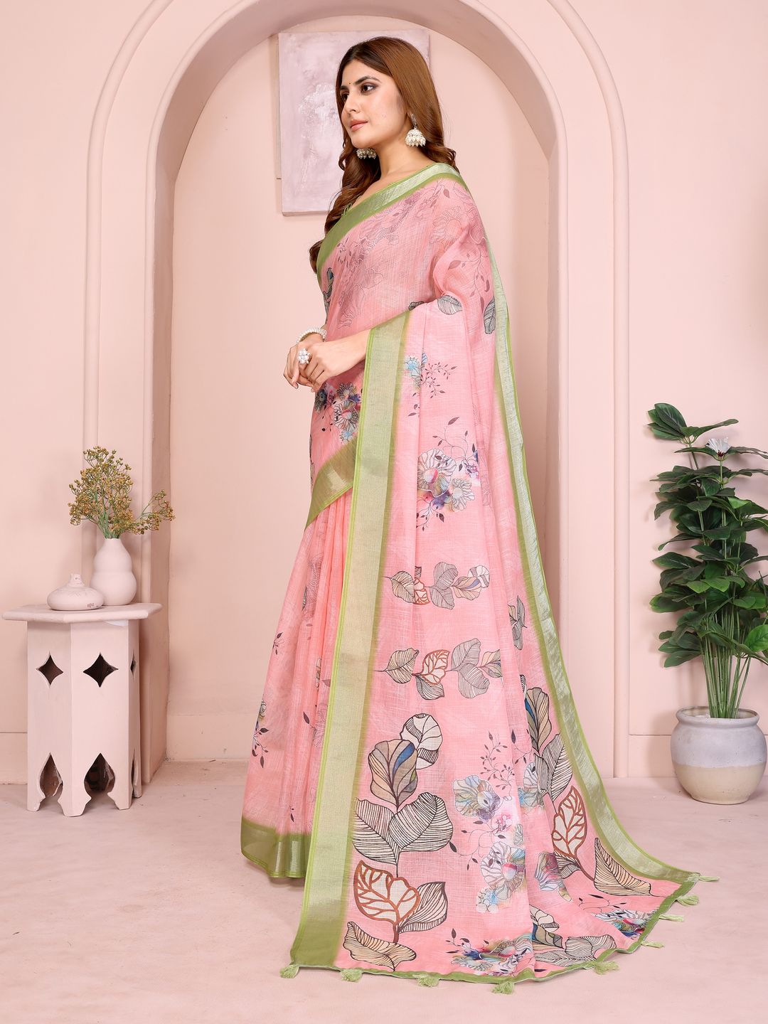 Pink Floral Linen Cotton Saree with Green Border for Ladies