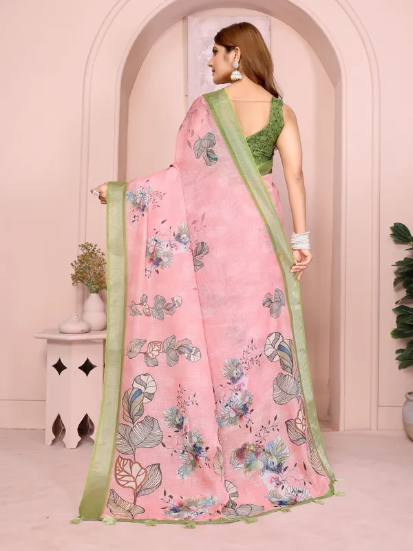 Pink Floral Linen Cotton Saree with Green Border for Ladies