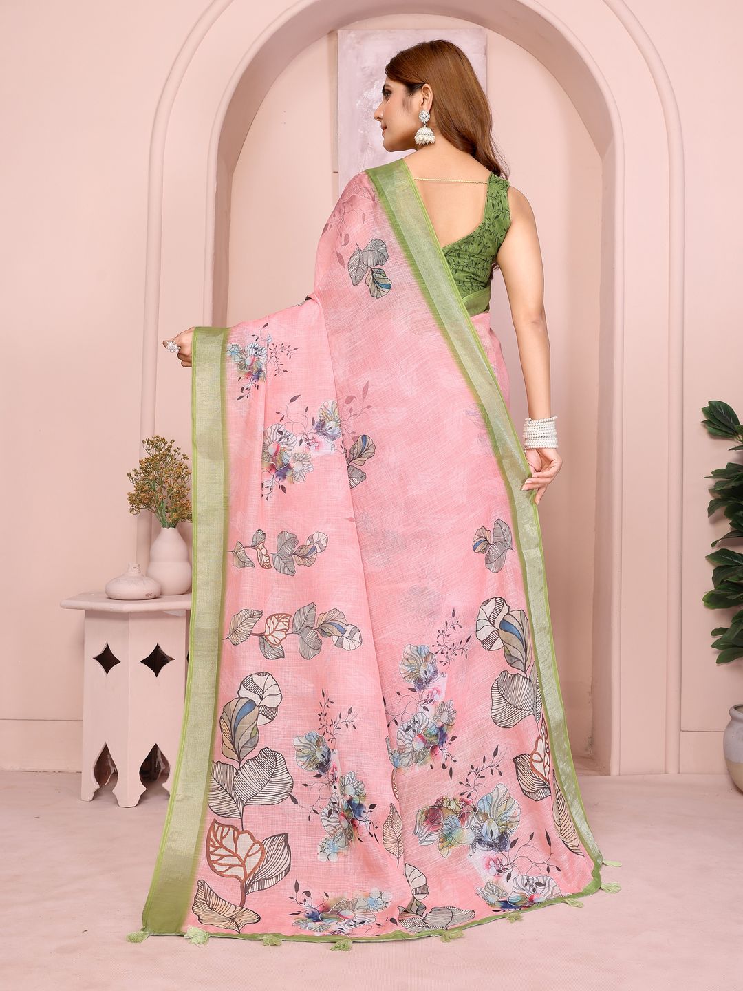 Pink Floral Linen Cotton Saree with Green Border for Ladies