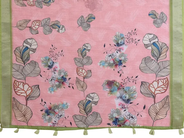 Pink Floral Linen Cotton Saree with Green Border for Ladies