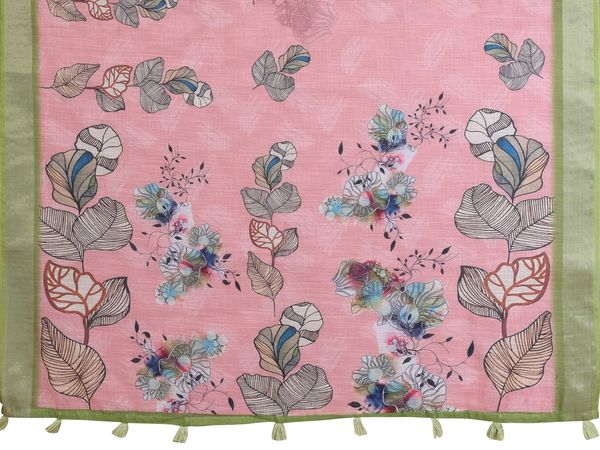 Pink Floral Linen Cotton Saree with Green Border for Ladies