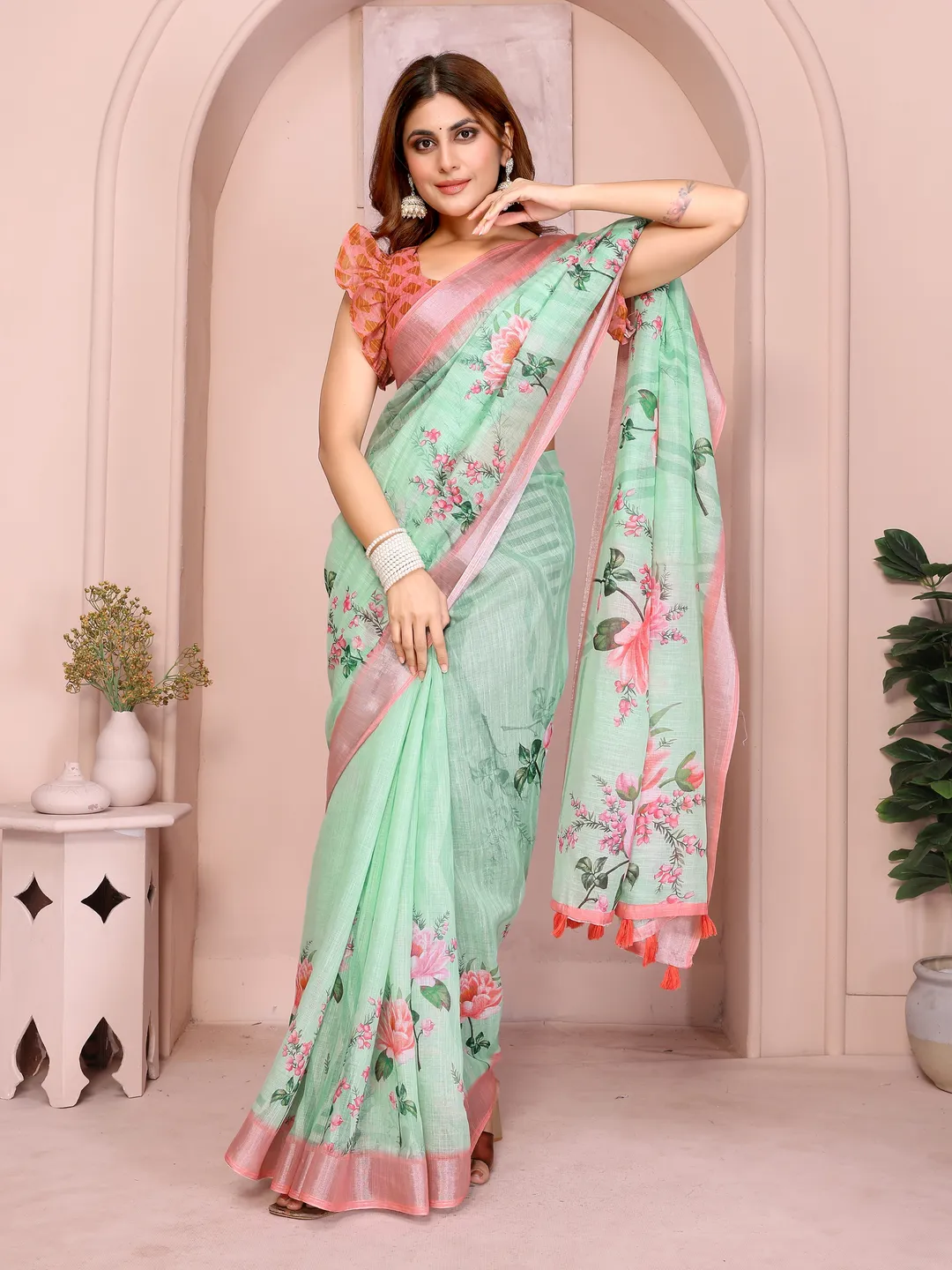 Mint Green Floral Linen Cotton Saree with Pink Border Style