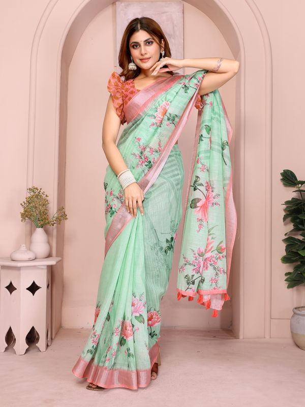 Mint Green Floral Linen Cotton Saree with Pink Border Style