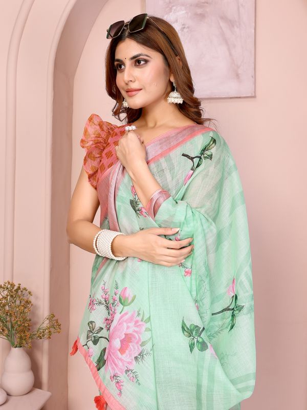 Mint Green Floral Linen Cotton Saree with Pink Border Style