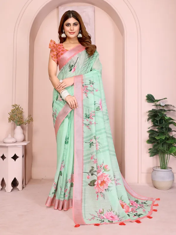 Mint Green Floral Linen Cotton Saree with Pink Border Style