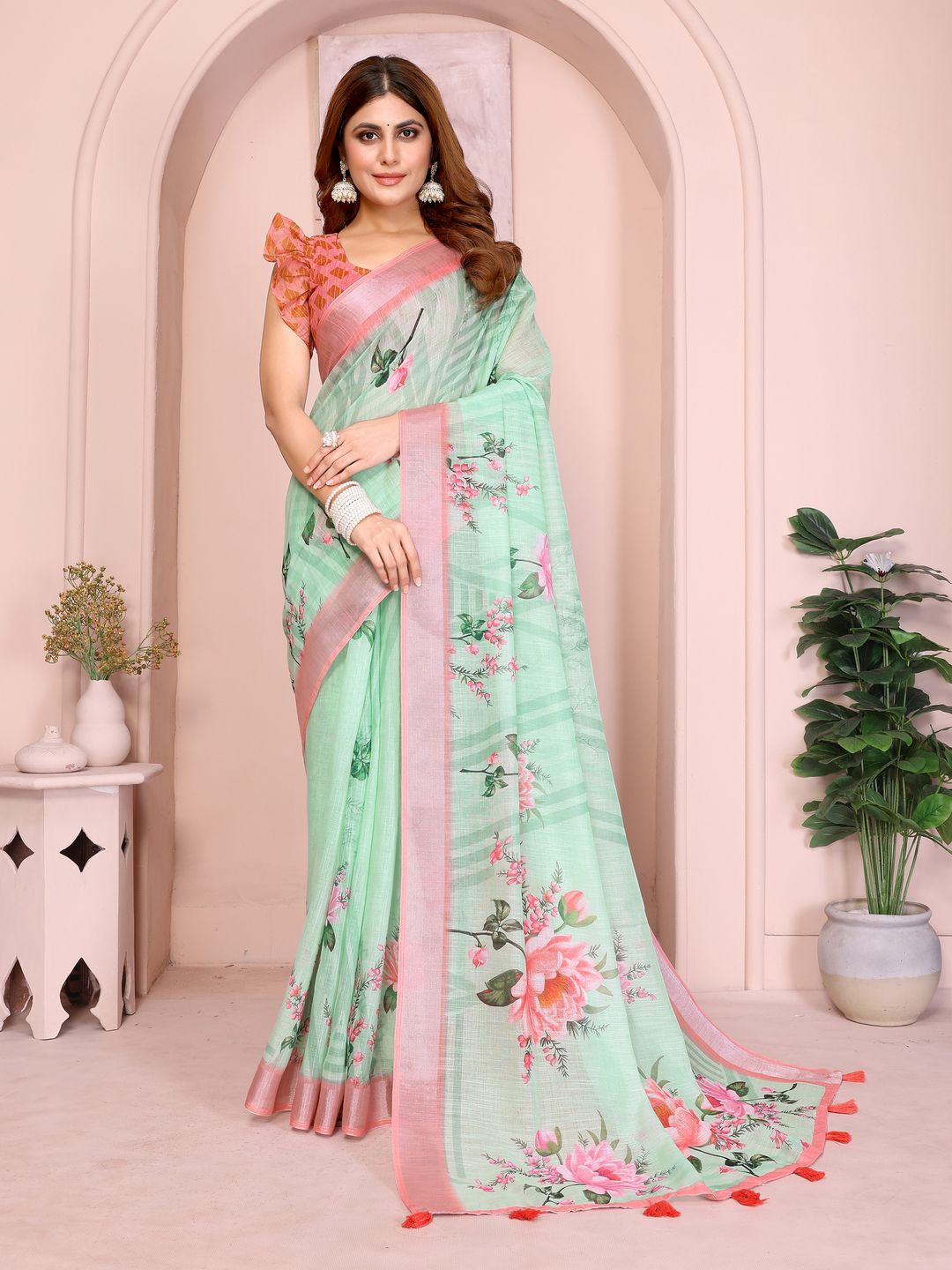 Mint Green Floral Linen Cotton Saree with Pink Border Style