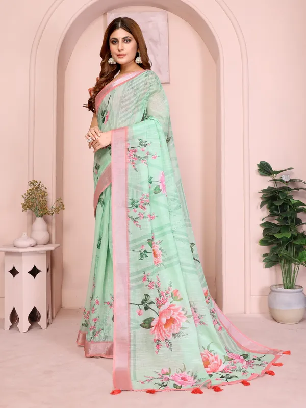 Mint Green Floral Linen Cotton Saree with Pink Border Style