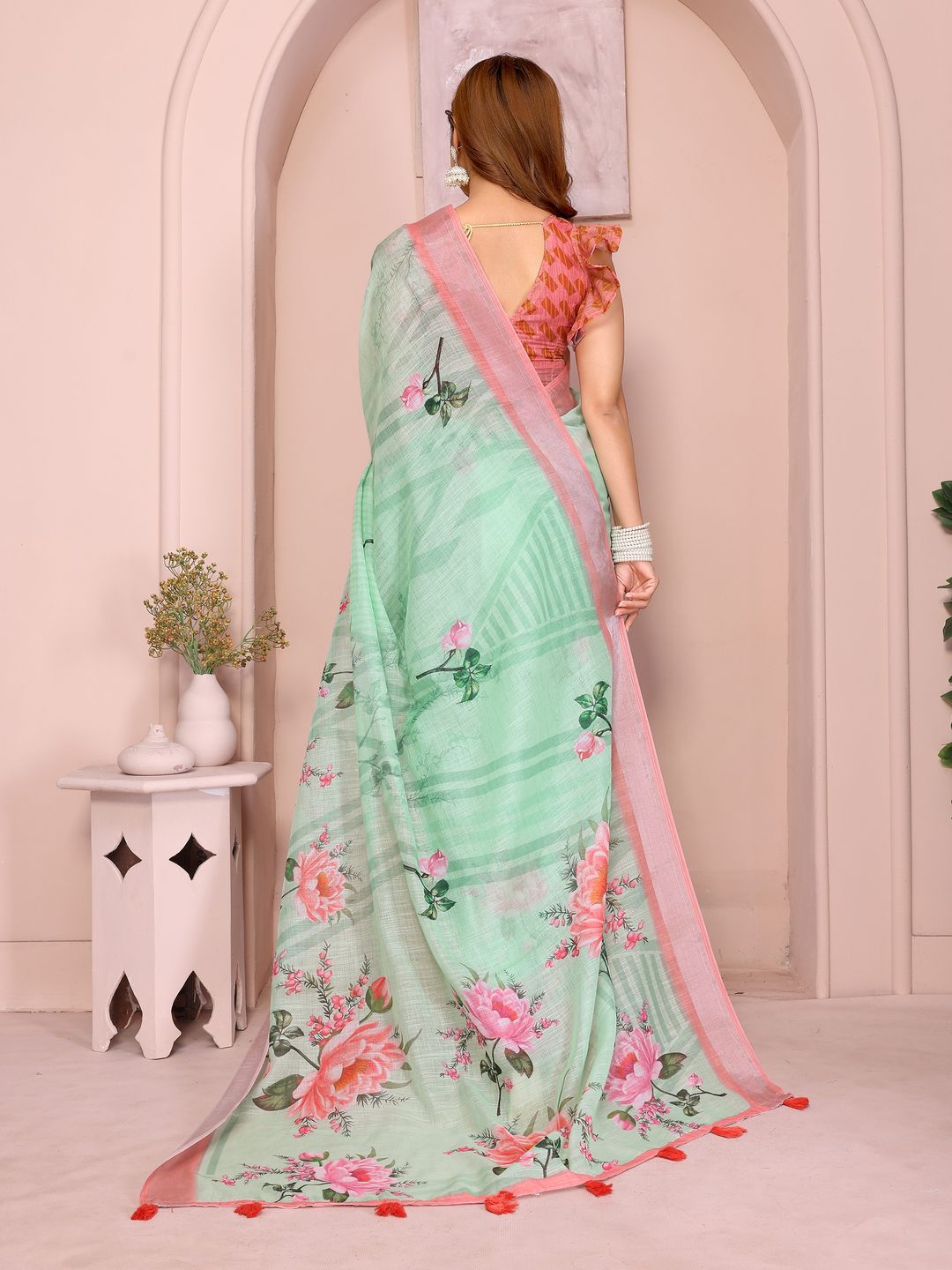 Mint Green Floral Linen Cotton Saree with Pink Border Style
