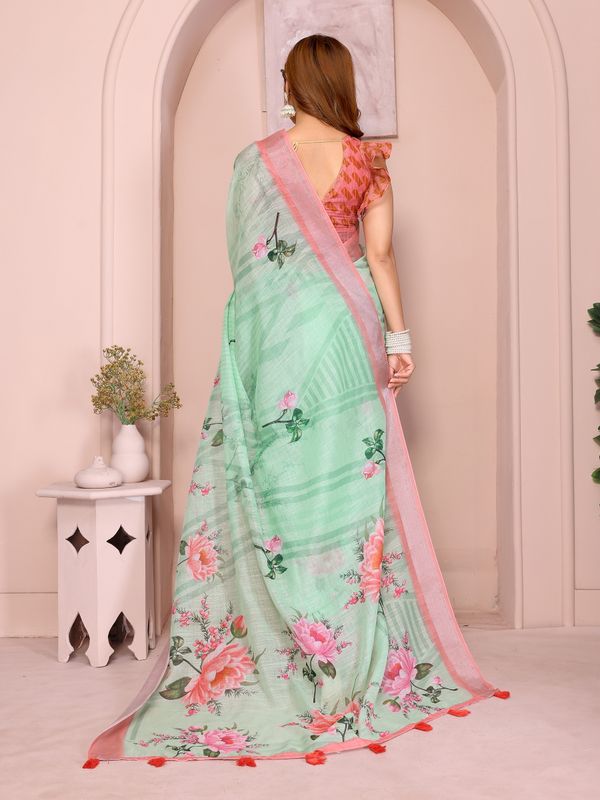 Mint Green Floral Linen Cotton Saree with Pink Border Style