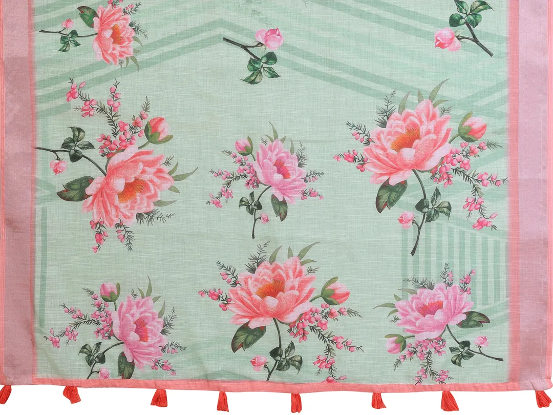 Mint Green Floral Linen Cotton Saree with Pink Border Style