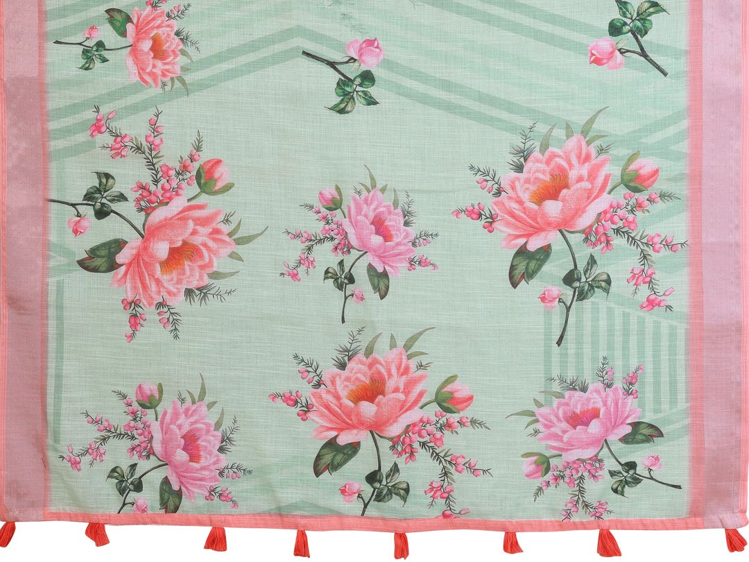 Mint Green Floral Linen Cotton Saree with Pink Border Style