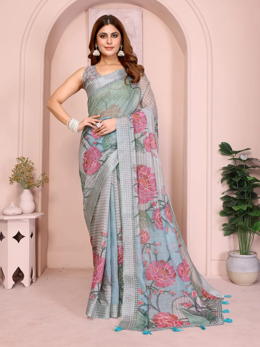 Grey Blue Floral Linen Cotton Saree with Floral Blue Border