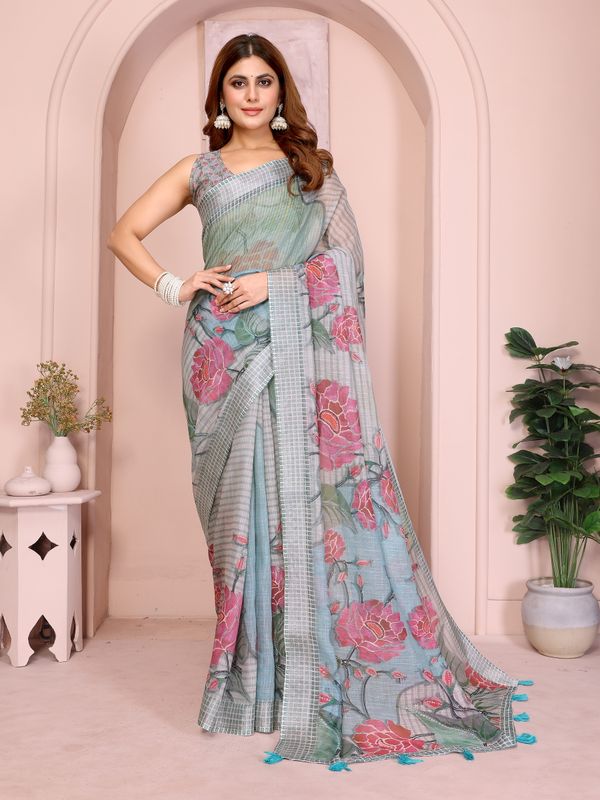 Grey Blue Floral Linen Cotton Saree with Floral Blue Border