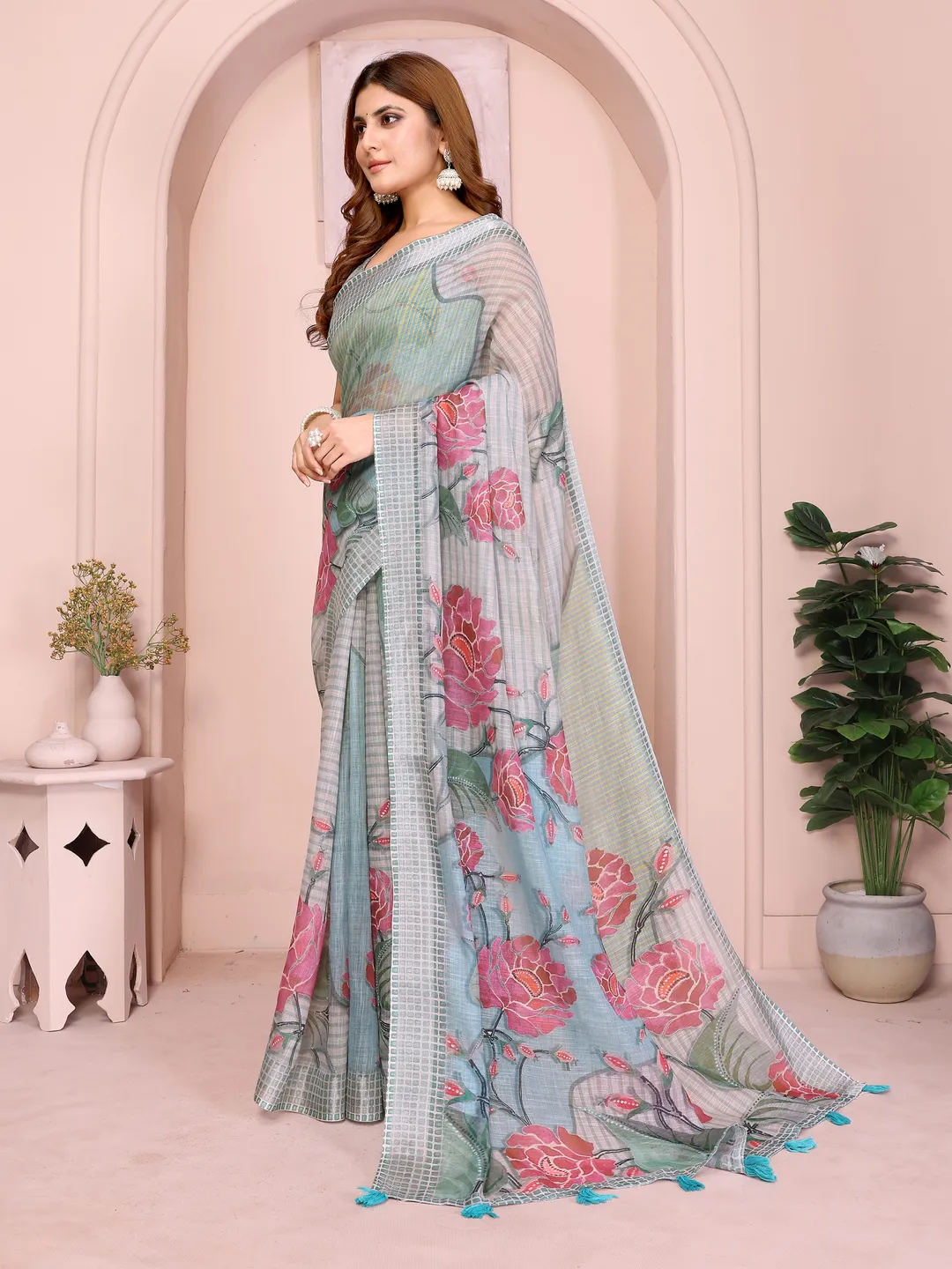Grey Blue Floral Linen Cotton Saree with Floral Blue Border