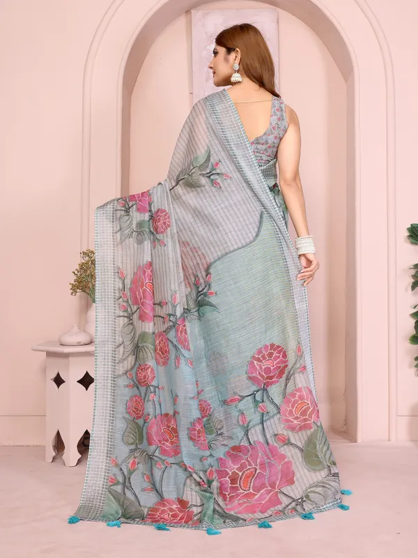Grey Blue Floral Linen Cotton Saree with Floral Blue Border