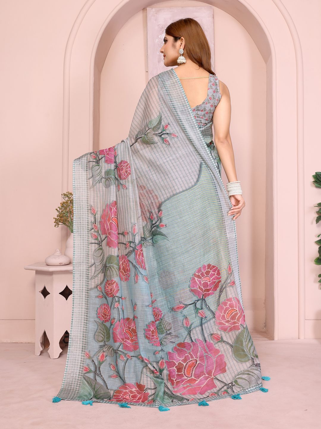 Grey Blue Floral Linen Cotton Saree with Floral Blue Border