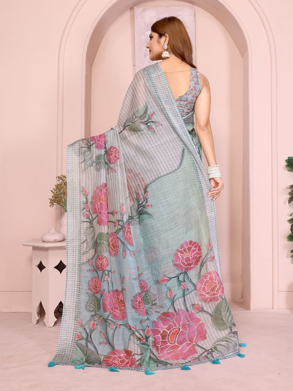 Grey Blue Floral Linen Cotton Saree with Floral Blue Border