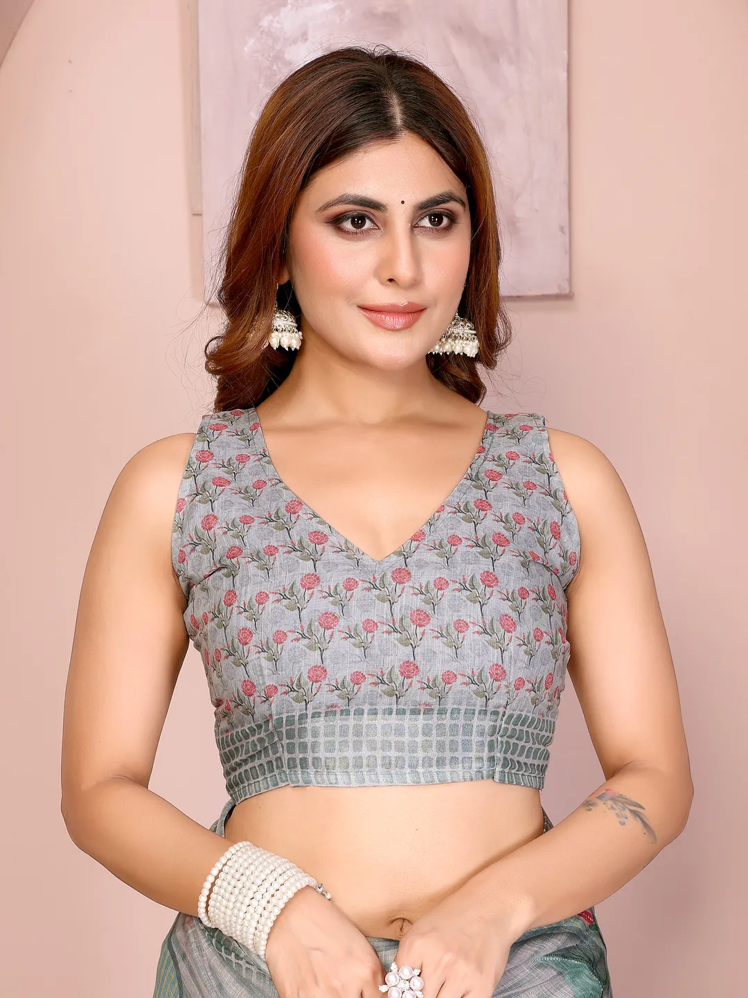Grey Blue Floral Linen Cotton Saree with Floral Blue Border