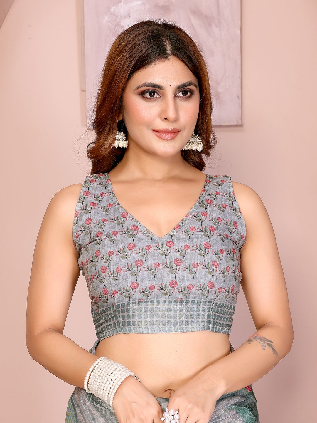 Grey Blue Floral Linen Cotton Saree with Floral Blue Border