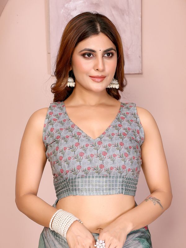 Grey Blue Floral Linen Cotton Saree with Floral Blue Border