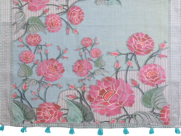 Grey Blue Floral Linen Cotton Saree with Floral Blue Border