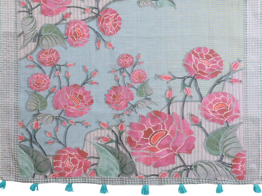 Grey Blue Floral Linen Cotton Saree with Floral Blue Border