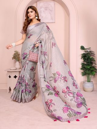 Grey Blue Floral Linen Cotton Saree with Floral Blue Border
