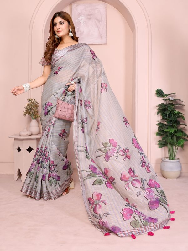 Grey Blue Floral Linen Cotton Saree with Floral Blue Border