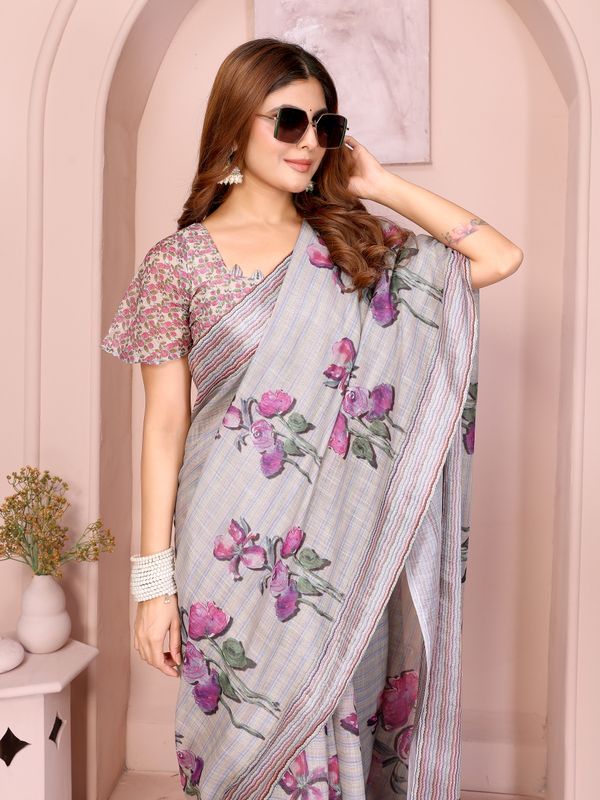 Grey Blue Floral Linen Cotton Saree with Floral Blue Border