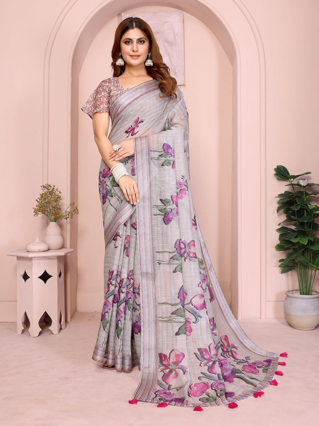 Grey Blue Floral Linen Cotton Saree with Floral Blue Border
