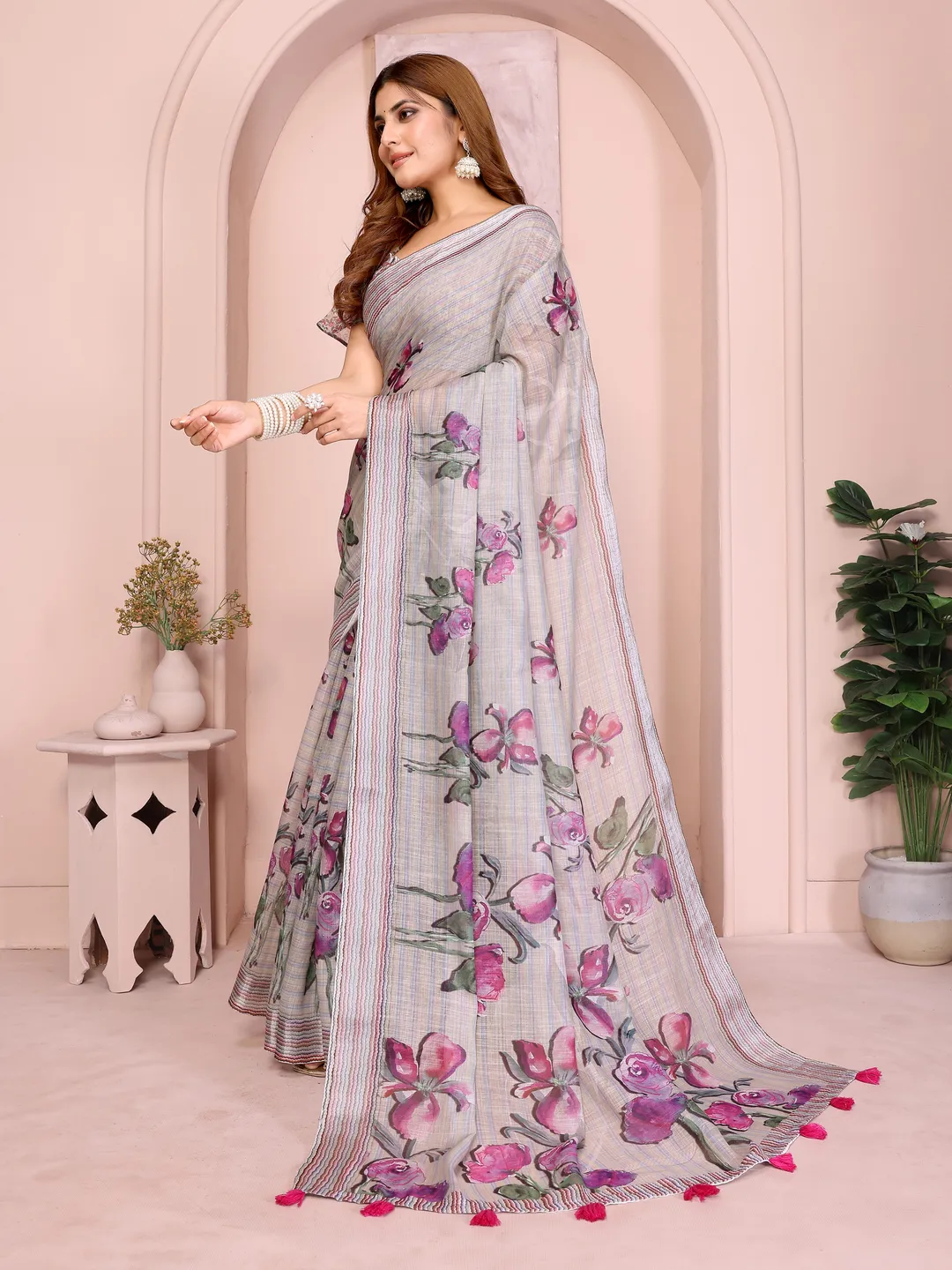 Grey Blue Floral Linen Cotton Saree with Floral Blue Border