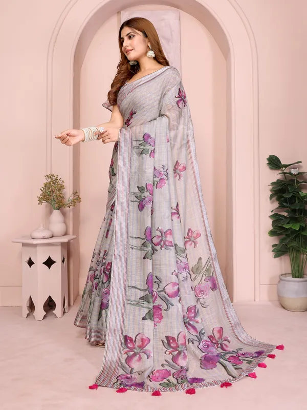 Grey Blue Floral Linen Cotton Saree with Floral Blue Border