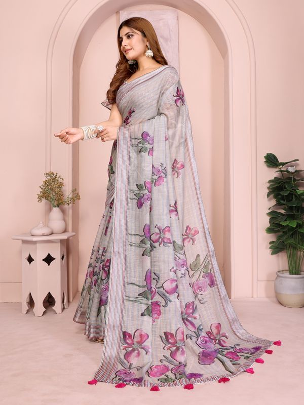 Grey Blue Floral Linen Cotton Saree with Floral Blue Border
