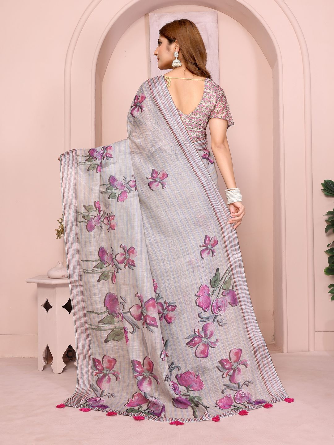 Grey Blue Floral Linen Cotton Saree with Floral Blue Border