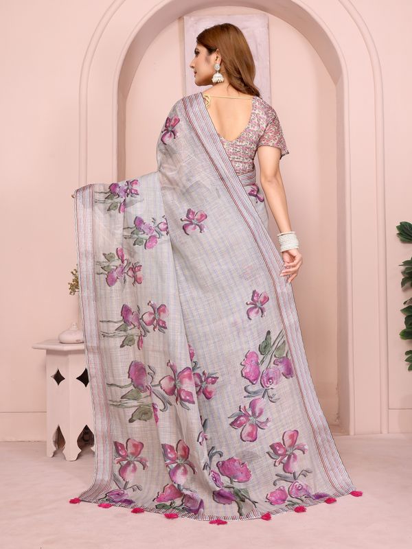 Grey Blue Floral Linen Cotton Saree with Floral Blue Border