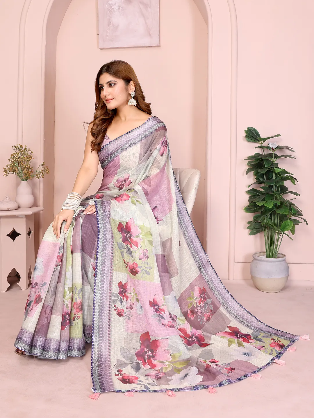 Lavender Floral Linen Cotton Saree with Elegant Blue Border