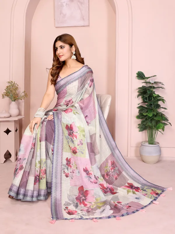 Lavender Floral Linen Cotton Saree with Elegant Blue Border