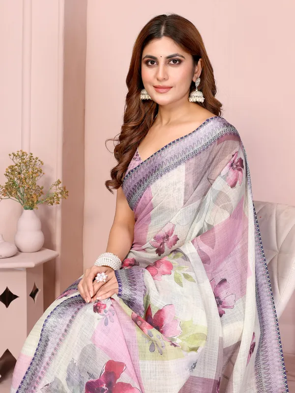 Lavender Floral Linen Cotton Saree with Elegant Blue Border