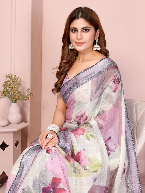 Lavender Floral Linen Cotton Saree with Elegant Blue Border