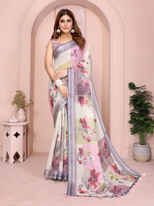 Lavender Floral Linen Cotton Saree with Elegant Blue Border