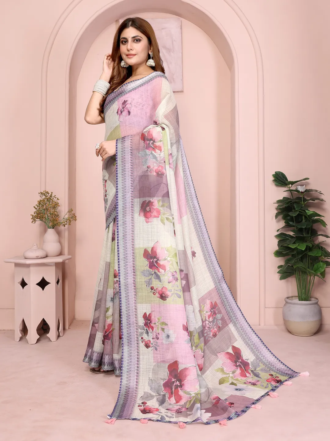Lavender Floral Linen Cotton Saree with Elegant Blue Border