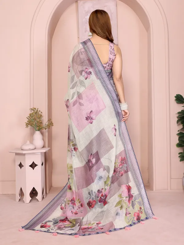 Lavender Floral Linen Cotton Saree with Elegant Blue Border