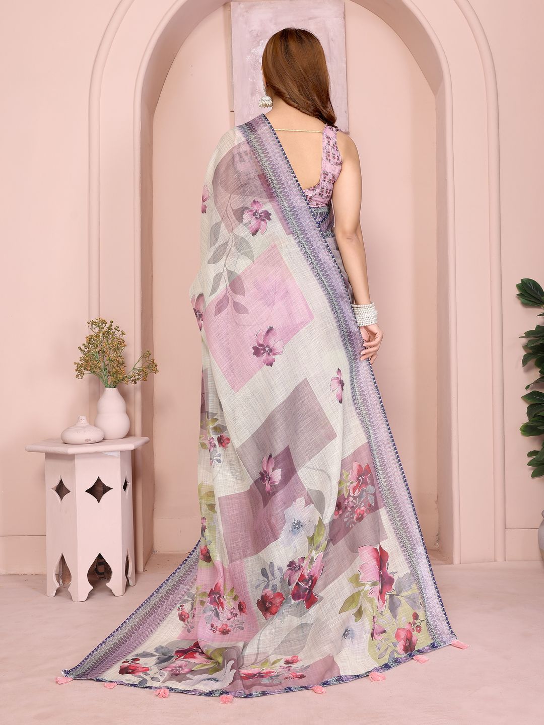 Lavender Floral Linen Cotton Saree with Elegant Blue Border