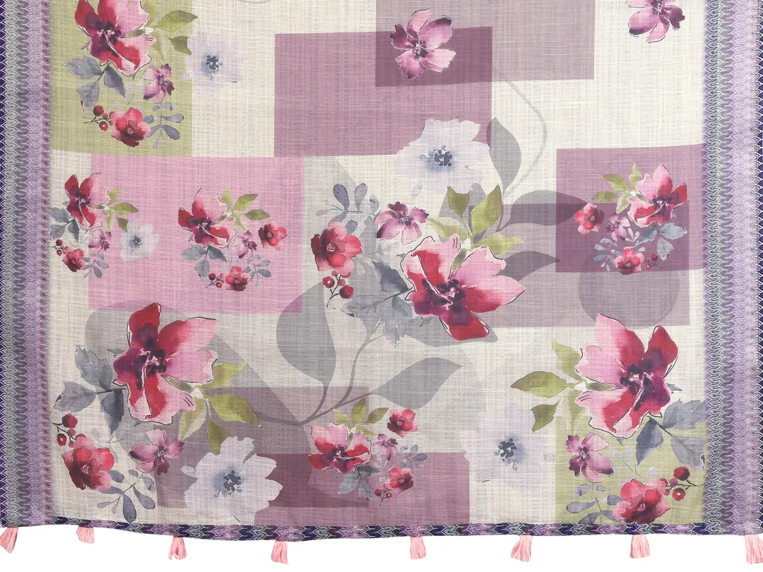 Lavender Floral Linen Cotton Saree with Elegant Blue Border